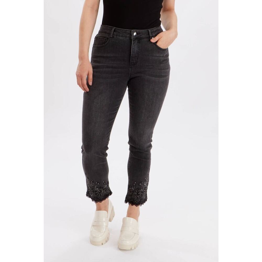 Frank Lyman Womens Charcoal Gray Rhinestone Embroidered Ankle Jeans Small